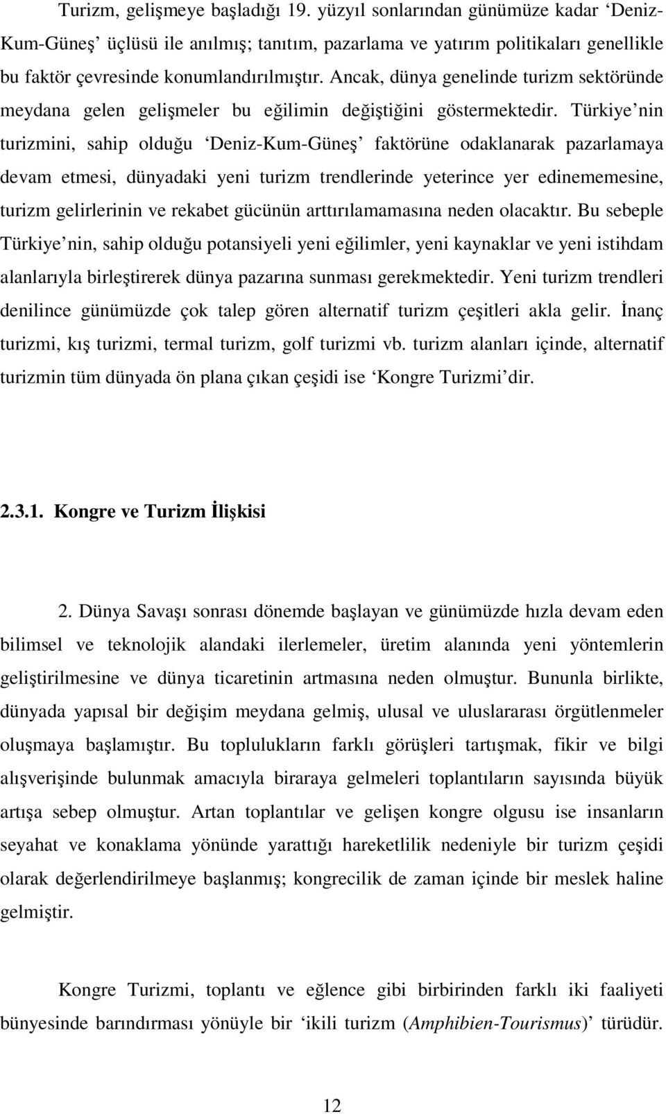 Türkiye nin turizmini, sahip olduğu Deniz-Kum-Güneş faktörüne odaklanarak pazarlamaya devam etmesi, dünyadaki yeni turizm trendlerinde yeterince yer edinememesine, turizm gelirlerinin ve rekabet