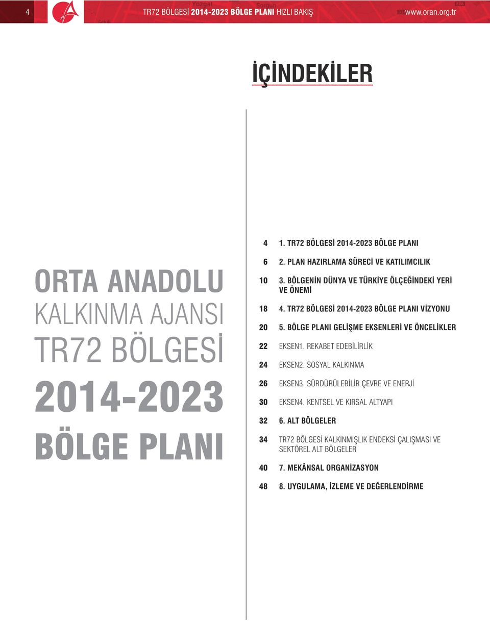 PLAN HAZIRLAMA SÜRECİ VE KATILIMCILIK 3. BÖLGENİN DÜNYA VE TÜRKİYE ÖLÇEĞİNDEKİ YERİ VE ÖNEMİ 4. TR72 BÖLGESİ 2014-2023 BÖLGE PLANI VİZYONU 5.