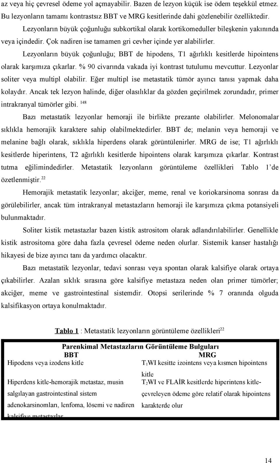 Lezyonların büyük çoğunluğu; BBT de hipodens, T1 ağırlıklı kesitlerde hipointens olarak karşımıza çıkarlar. % 90 civarında vakada iyi kontrast tutulumu mevcuttur.