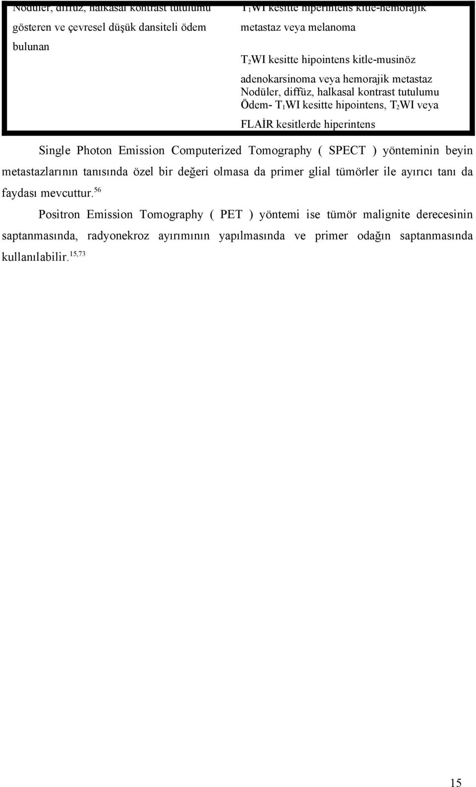 Single Photon Emission Computerized Tomography ( SPECT ) yönteminin beyin metastazlarının tanısında özel bir değeri olmasa da primer glial tümörler ile ayırıcı tanı da faydası