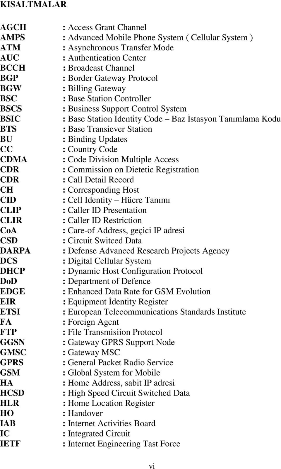 BU : Binding Updates CC : Country Code CDMA : Code Division Multiple Access CDR : Commission on Dietetic Registration CDR : Call Detail Record CH : Corresponding Host CID : Cell Identity Hücre Tanımı