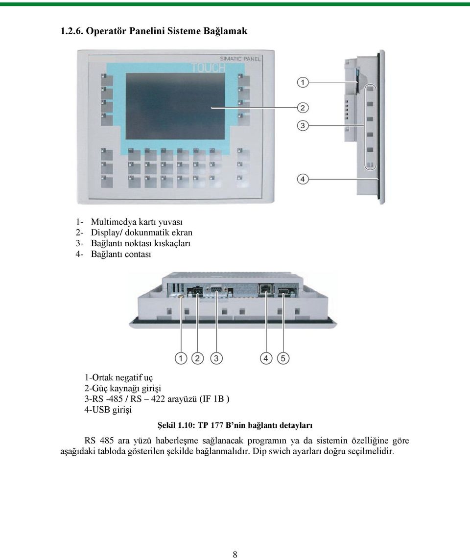 kıskaçları 4- Bağlantı contası 1-Ortak negatif uç 2-Güç kaynağı girişi 3-RS -485 / RS 422 arayüzü (IF 1B ) 4-USB