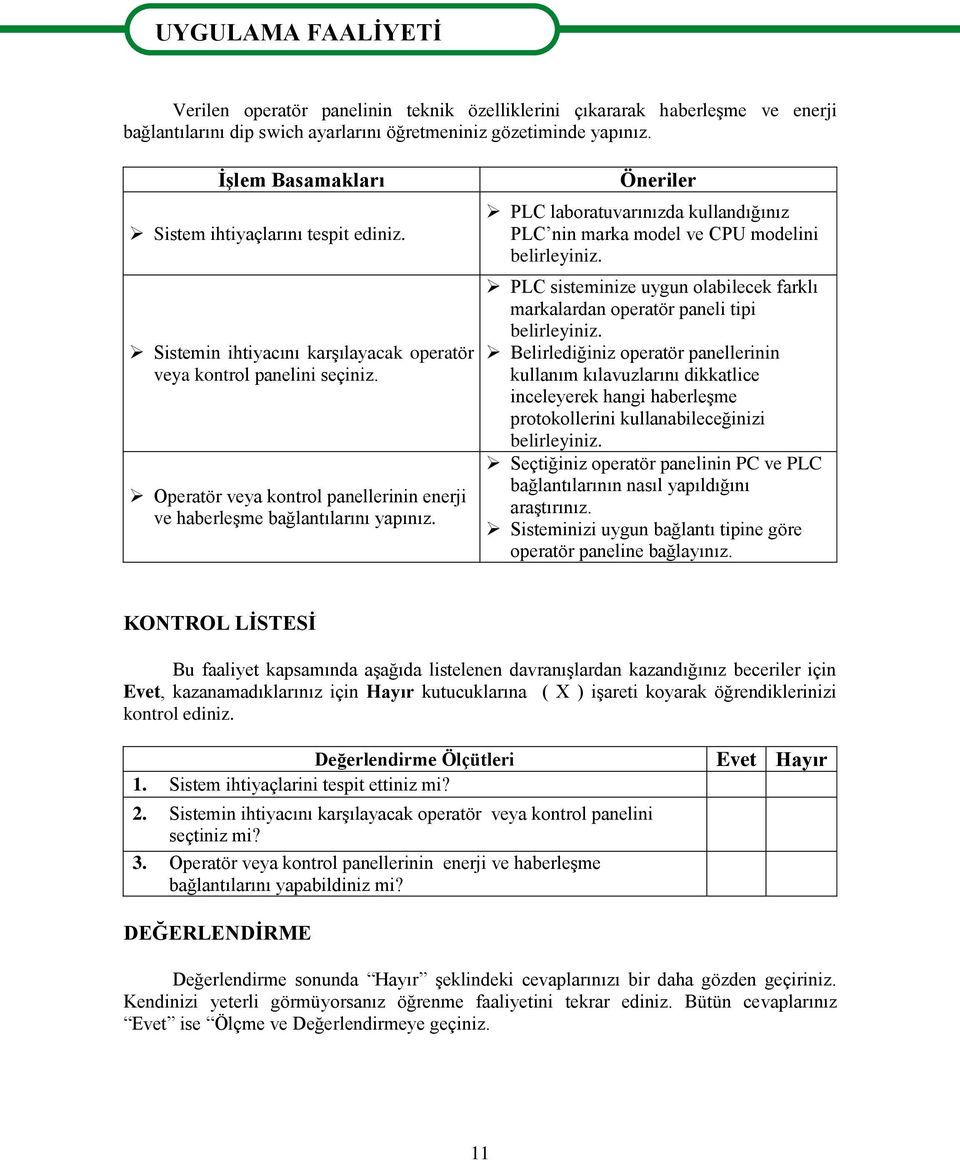 Operatör veya kontrol panellerinin enerji ve haberleşme bağlantılarını yapınız. Öneriler PLC laboratuvarınızda kullandığınız PLC nin marka model ve CPU modelini belirleyiniz.