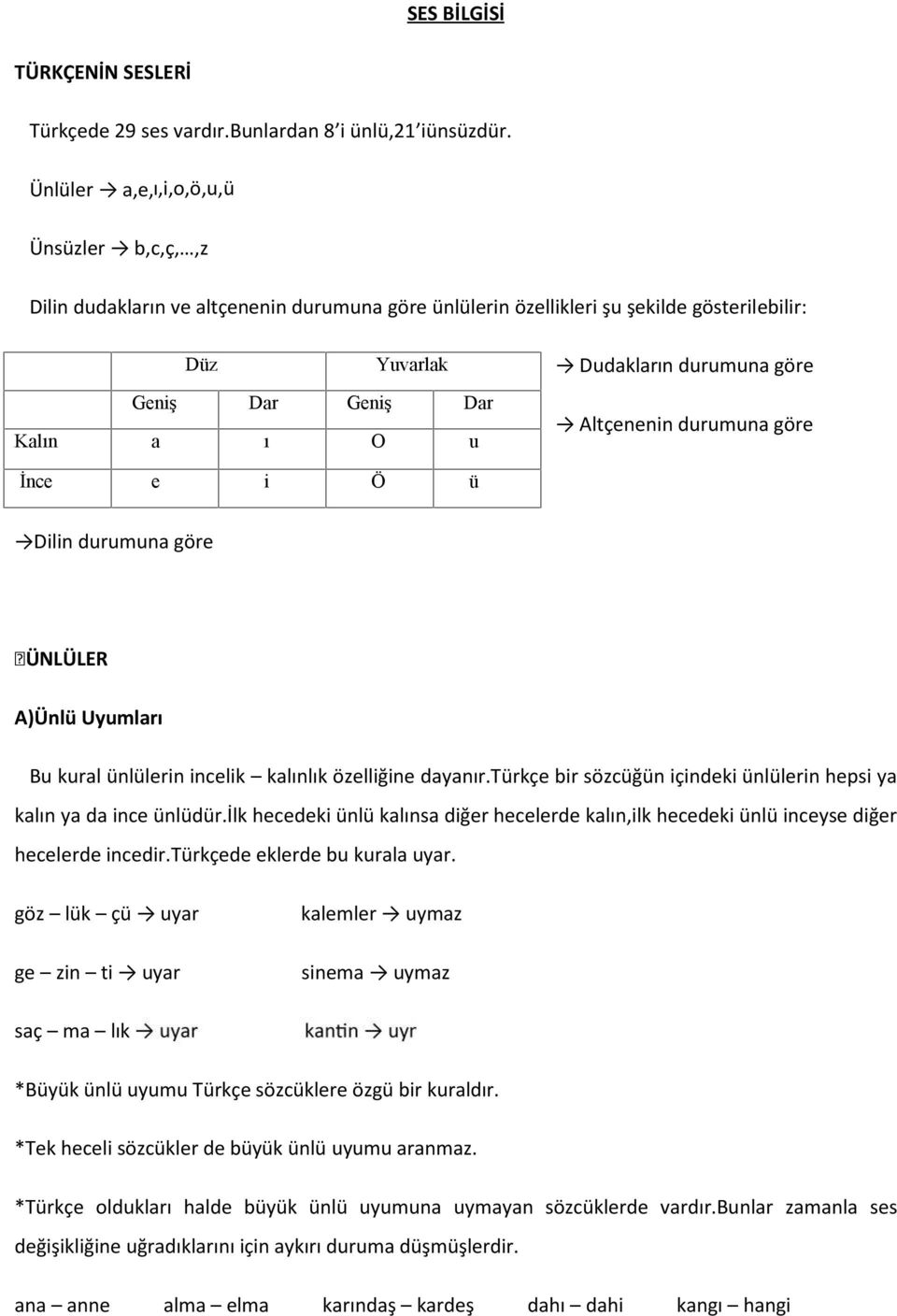 durumuna göre Altçenenin durumuna göre İnce e i Ö ü Dilin durumuna göre ÜNLÜLER A)Ünlü Uyumları Bu kural ünlülerin incelik kalınlık özelliğine dayanır.