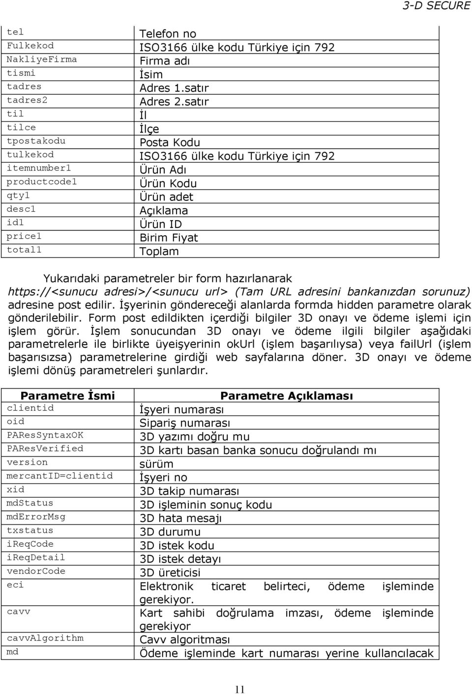 total1 Toplam Yukarıdaki parametreler bir form hazırlanarak https://<sunucu adresi>/<sunucu url> (Tam URL adresini bankanızdan sorunuz) adresine post edilir.