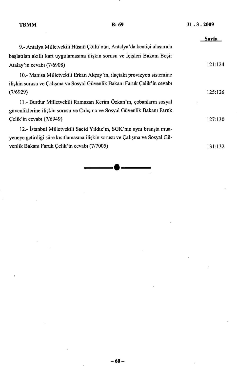 - Manisa Milletvekili Erkan Akçay'ın, ilaçtaki provizyon sistemine ilişkin sorusu ve Çalışma ve Sosyal Güvenlik Bakanı Faruk Çelik'in cevabı (7/6929) 125:126 11.