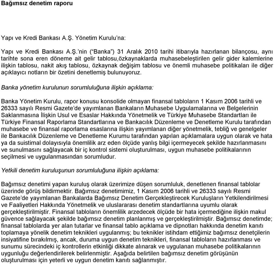 nin ( Banka ) 31 Aralık 2010 tarihi itibarıyla hazırlanan bilançosu, aynı tarihte sona eren döneme ait gelir tablosu,özkaynaklarda muhasebeleştirilen gelir gider kalemlerine ilişkin tablosu, nakit