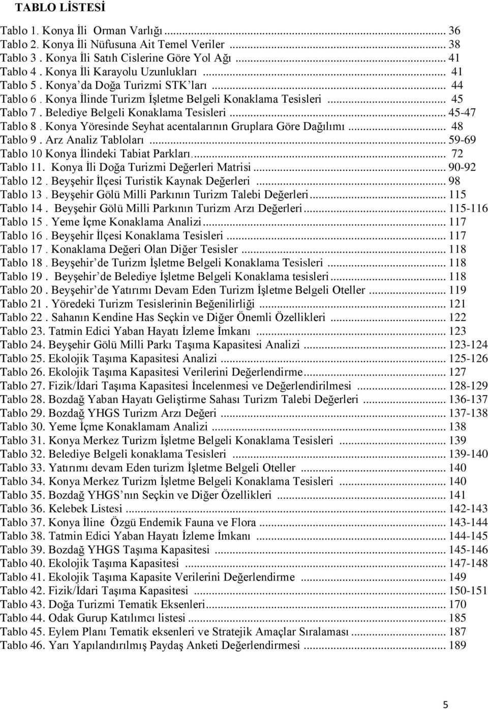 Konya Yöresinde Seyhat acentalarının Gruplara Göre Dağılımı... 48 Tablo 9. Arz Analiz Tabloları... 59-69 Tablo 10 Konya Ġlindeki Tabiat Parkları.... 72 Tablo 11.