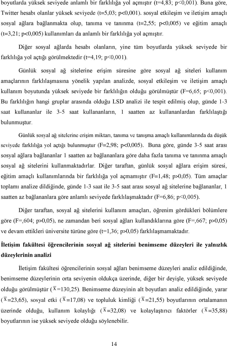 Diğer sosyal ağlarda hesabı olanların, yine tüm boyutlarda yüksek seviyede bir farklılığa yol açtığı görülmektedir (t=4,19; p<0,001).