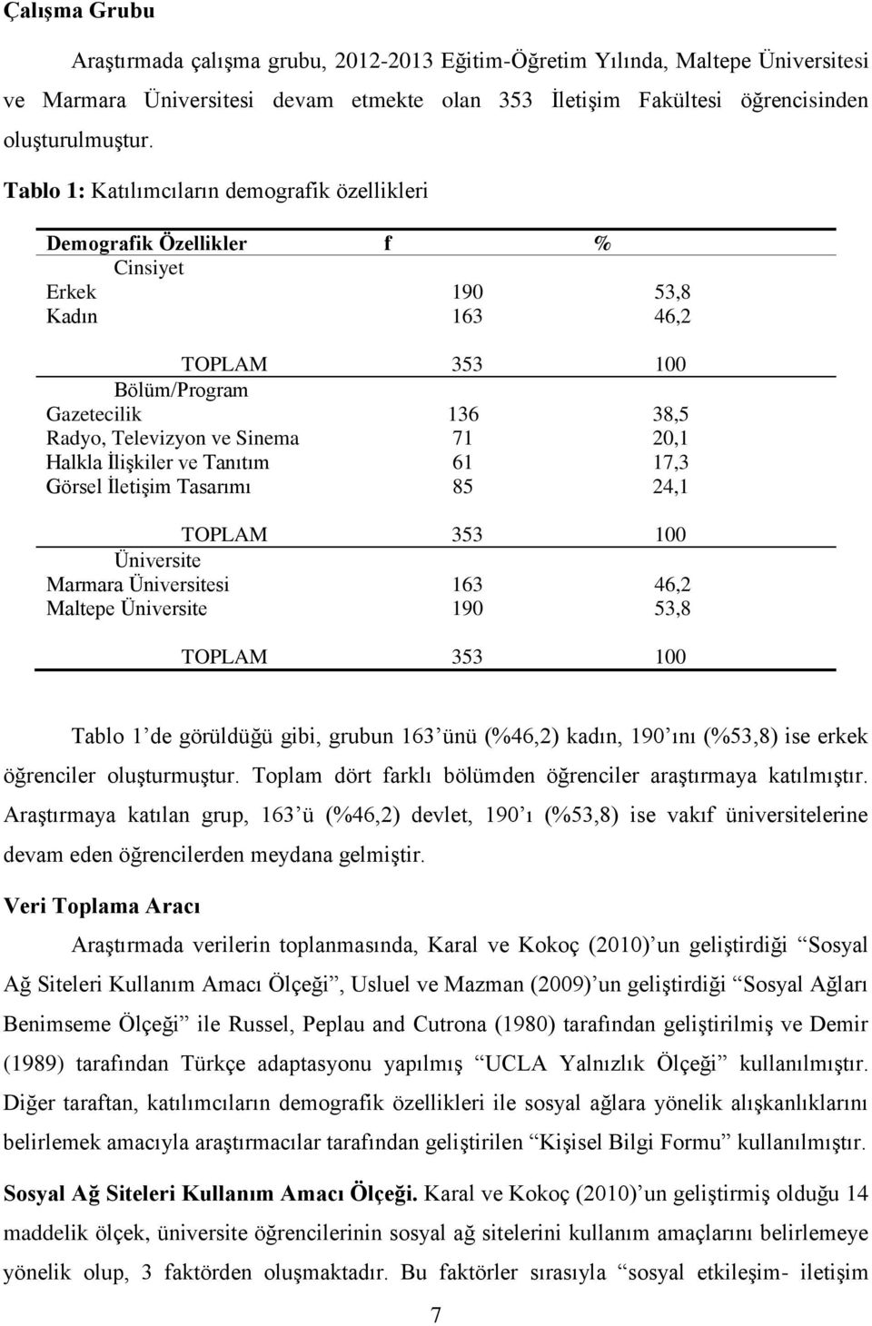 Halkla İlişkiler ve Tanıtım 61 17,3 Görsel İletişim Tasarımı 85 24,1 TOPLAM 353 100 Üniversite Marmara Üniversitesi 163 46,2 Maltepe Üniversite 190 53,8 TOPLAM 353 100 Tablo 1 de görüldüğü gibi,