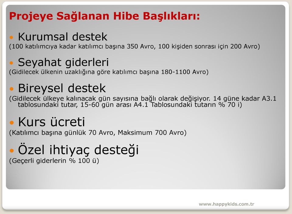 ülkeye kalınacak gün sayısına bağlı olarak değişiyor. 14 güne kadar A3.1 tablosundaki tutar, 15-60 gün arası A4.