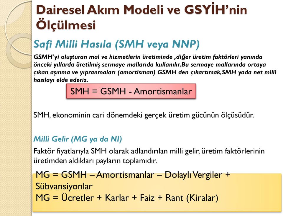 bu sermaye mallarında ortaya çıkan aşınma ve yıpranmaları (amortisman) GSMH den çıkartırsak,smh yada net milli hasılayı elde ederiz.