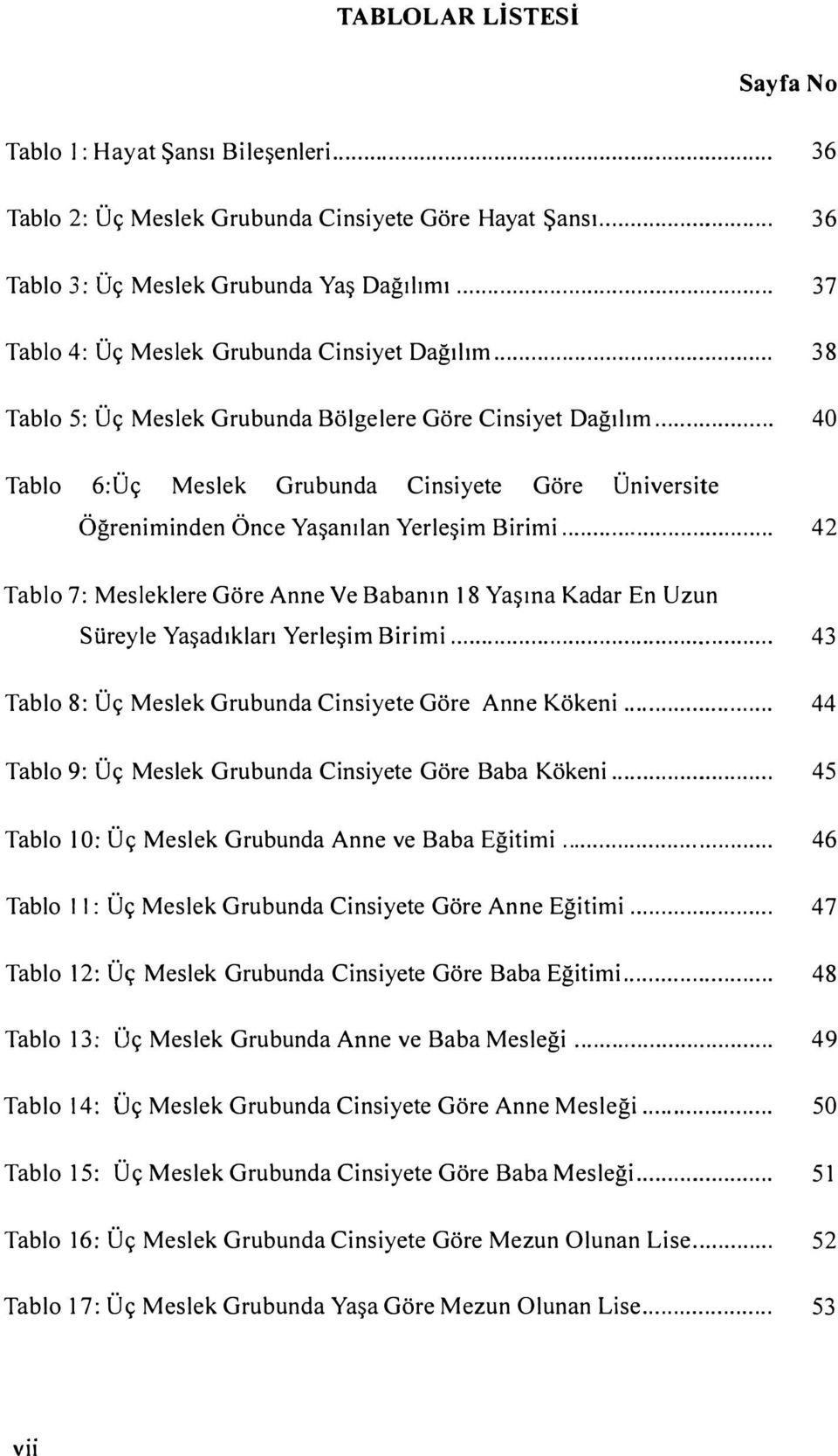 .. 40 Tablo 6:Üç Meslek Grubunda Cinsiyete Göre Üniversite Öğreniminden Önce Yaşanılan Yerleşim Birimi.