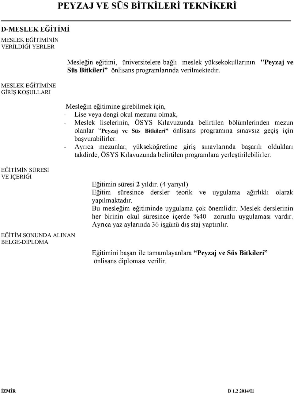 Mesleğin eğitimine girebilmek için, - Lise veya dengi okul mezunu olmak, - Meslek liselerinin, ÖSYS Kılavuzunda belirtilen bölümlerinden mezun olanlar Peyzaj ve Süs Bitkileri önlisans programına