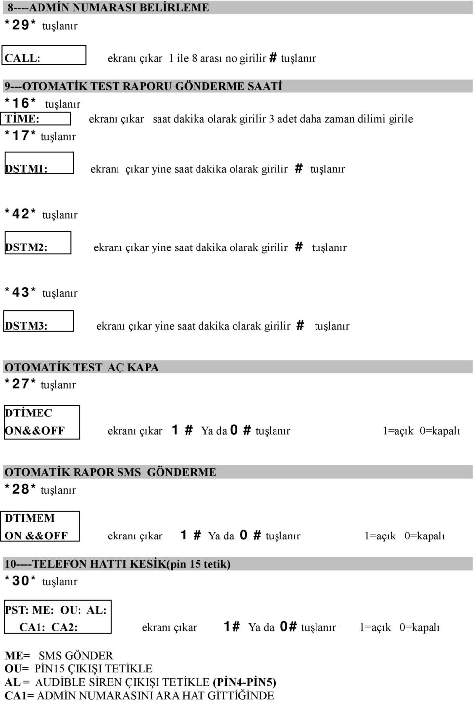 DSTM3: ekranı çıkar yine saat dakika olarak girilir # tuşlanır OTOMATİK TEST AÇ KAPA *27* tuşlanır DTİMEC ON&&OFF ekranı çıkar 1 # Ya da 0 # tuşlanır 1=açık 0=kapalı OTOMATİK RAPOR SMS GÖNDERME *28*