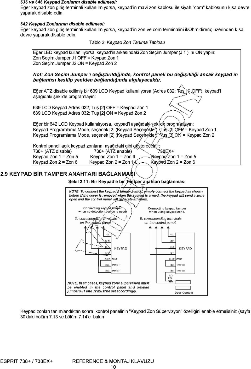 Tablo 2: Keypad Zon Tanıma Tablosu Eğer LED keypad kullanılıyorsa, keypad in arkasındaki Zon Seçim Jumper (J 1 ) ını ON yapın: Zon Seçim Jumper J1 OFF = Keypad Zon 1 Zon Seçim Jumper J2 ON = Keypad