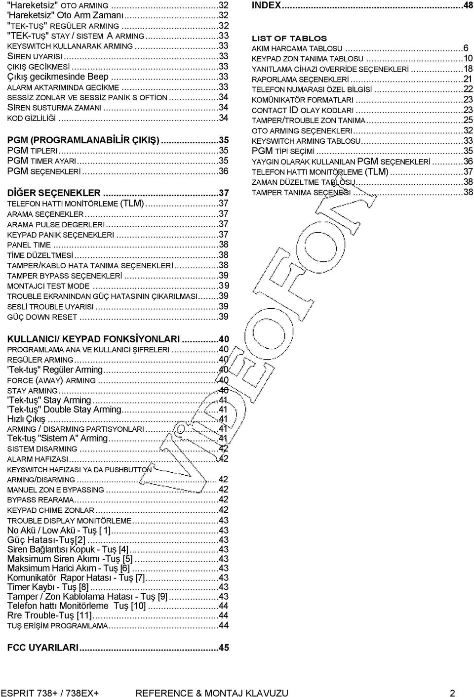 ..35 PGM TIMER AYARI...35 PGM SEÇENEKLERİ...36 DİĞER SEÇENEKLER...37 TELEFON HATTI MONİTÖRLEME (TLM)...37 ARAMA SEÇENEKLER...37 ARAMA PULSE DEGERLERI...37 KEYPAD PANIK SEÇENEKLERI...37 PANEL TIME.