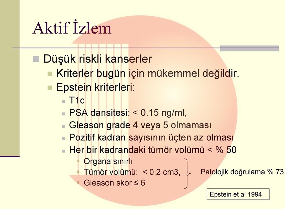 15 ng/ml, Gleason grade 4 veya 5 olmaması Pozitif kadran sayısının üçten az olması