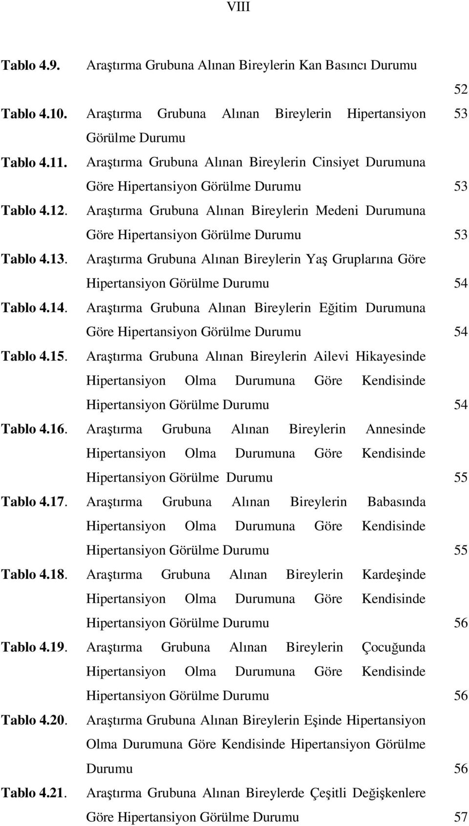 13. Araştırma Grubuna Alınan Bireylerin Yaş Gruplarına Göre Hipertansiyon Görülme Durumu 54 Tablo 4.14.