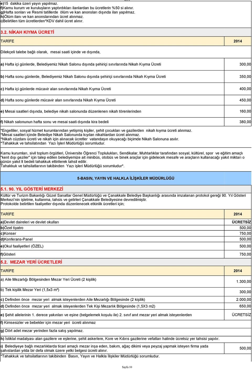 NAH IYMA ÜCT ilekçeli talebe bağlı olarak, mesai saati içinde ve dışında, a) Hafta içi günlerde, Belediyemiz Nikah Salonu dışında şehiriçi sınırlarında Nikah ıyma Ücreti b) Hafta sonu günlerde,