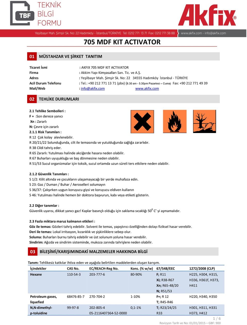 1 Tehlike Sembolleri : F + :Son derece yanıcı Xn : Zararlı N: Çevre için zararlı 2.1.1 Risk Tanımları : R 12 Çok kolay alevlenebilir.