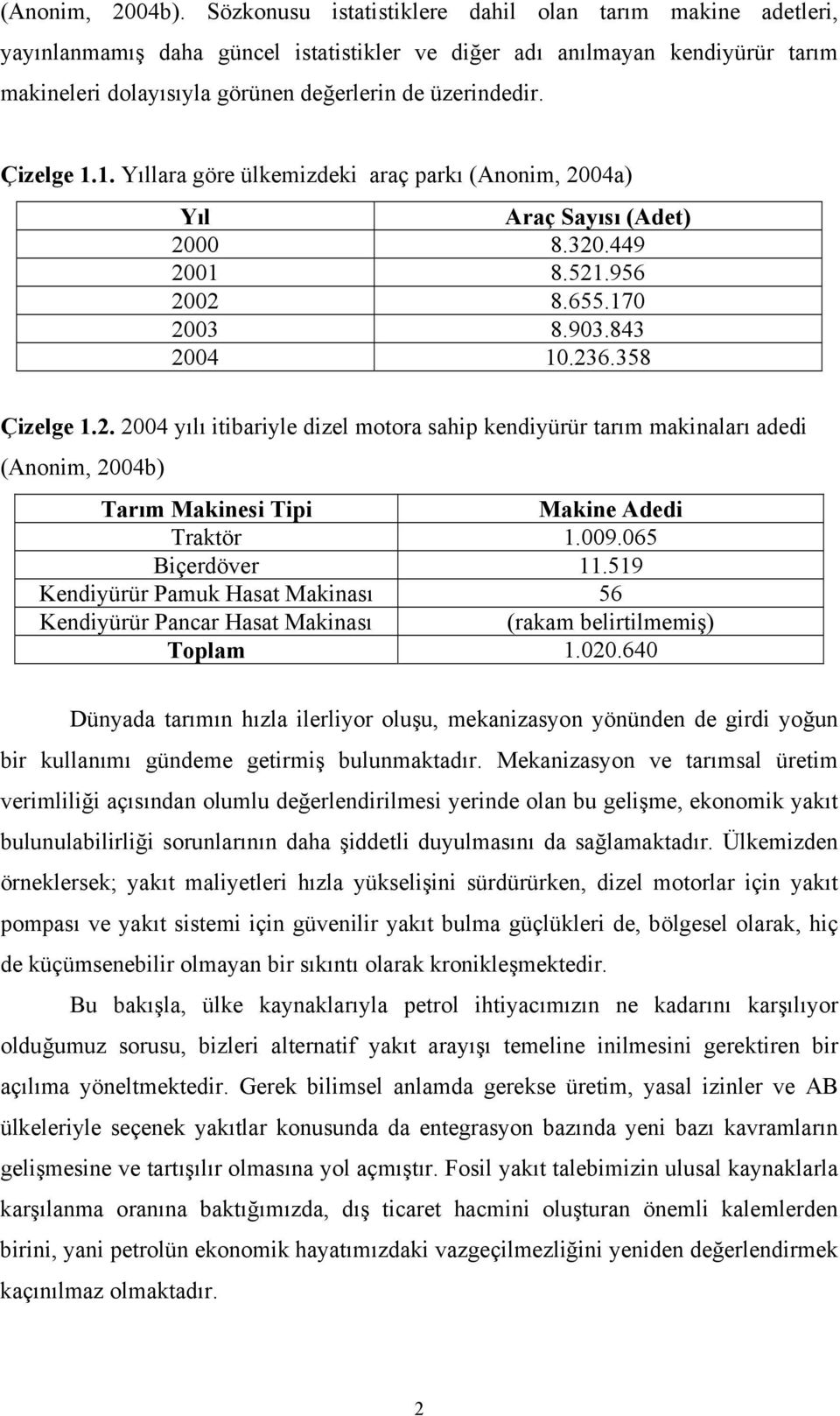 Çizelge 1.1. Yıllara göre ülkemizdeki araç parkı (Anonim, 24a) Yıl Araç Sayısı (Adet) 2 8.32.449 21 8.521.956 22 8.655.17 23 8.93.843 24 1.236.358 Çizelge 1.2. 24 yılı itibariyle dizel motora sahip kendiyürür tarım makinaları adedi (Anonim, 24b) Tarım Makinesi Tipi Makine Adedi Traktör 1.