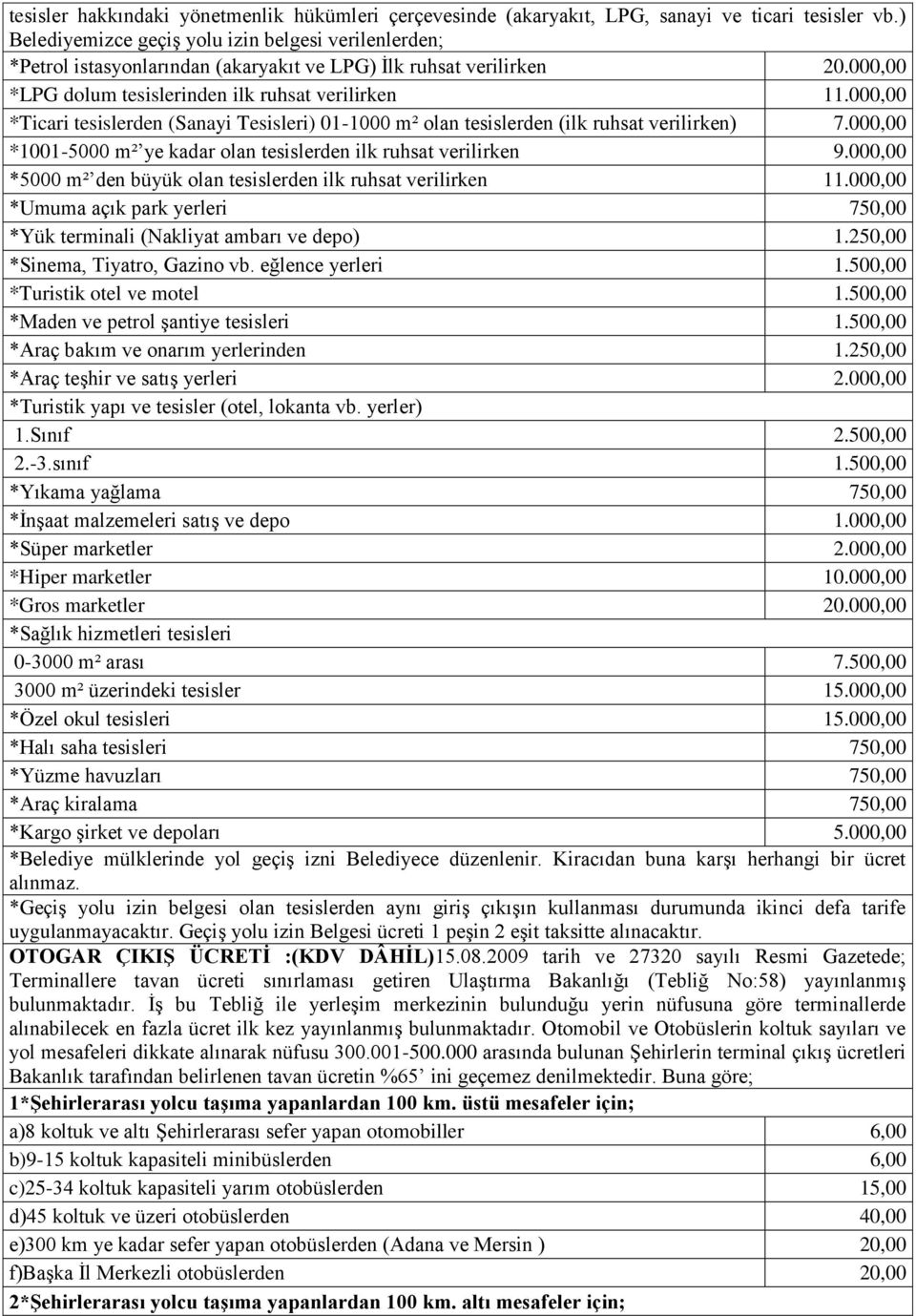 000,00 *Ticari tesislerden (Sanayi Tesisleri) 01-1000 m² olan tesislerden (ilk ruhsat verilirken) 7.000,00 *1001-5000 m² ye kadar olan tesislerden ilk ruhsat verilirken 9.