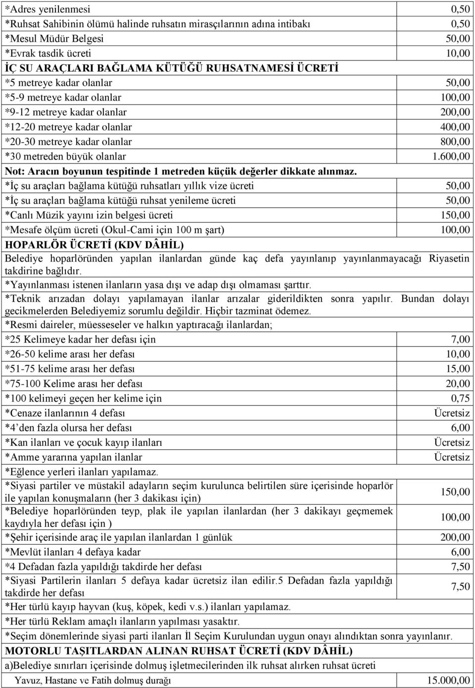 olanlar 1.600,00 Not: Aracın boyunun tespitinde 1 metreden küçük değerler dikkate alınmaz.