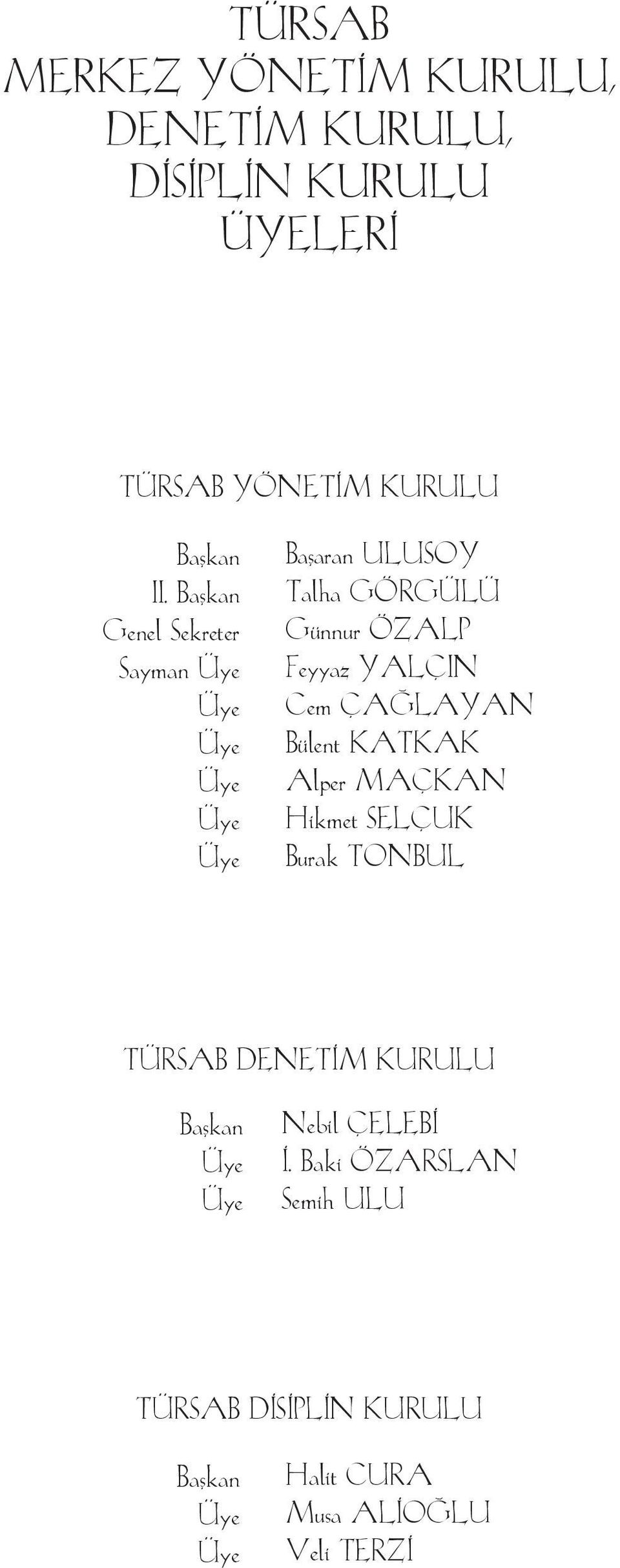 Bafl kan Ge nel Sek re ter Sayman Başaran ULUSOY Talha GÖRGÜLÜ Günnur ÖZALP Feyyaz YALÇIN Cem ÇAĞLAYAN