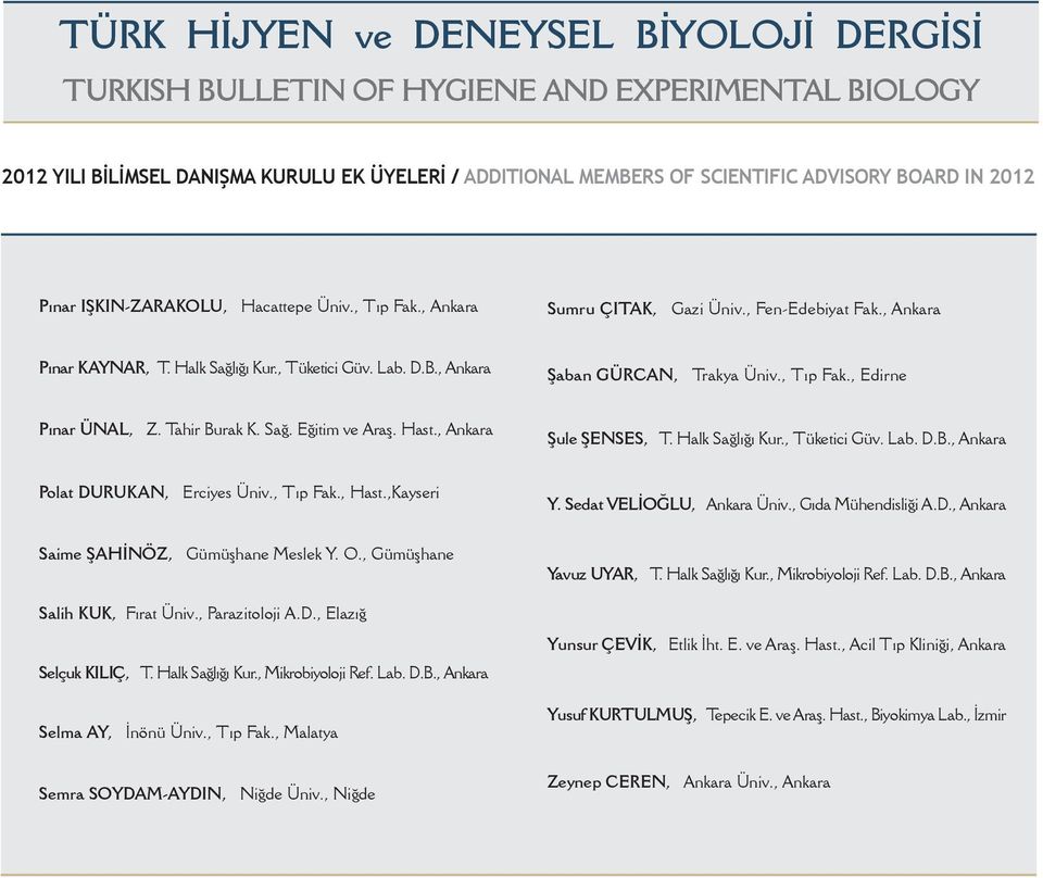 , Ankara Şaban GÜRCAN, Trakya Üniv., Tıp Fak., Edirne Pınar ÜNAL, Z. Tahir Burak K. Sağ. Eğitim ve Araş. Hast., Ankara Şule ŞENSES, T. Halk Sağlığı Kur., Tüketici Güv. Lab. D.B., Ankara Polat DURUKAN, Erciyes Üniv.