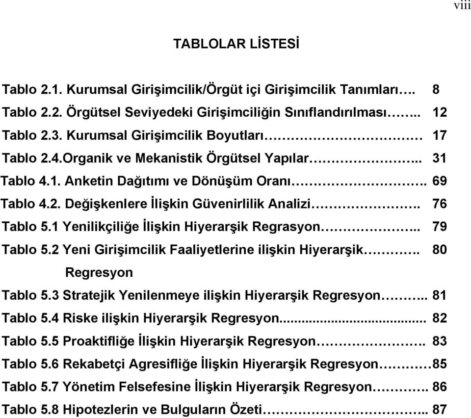 76 Tablo 5.1 Yenilikçiliğe İlişkin Hiyerarşik Regrasyon.. 79 Tablo 5.2 Yeni Girişimcilik Faaliyetlerine ilişkin Hiyerarşik. 80 Regresyon Tablo 5.3 Stratejik Yenilenmeye ilişkin Hiyerarşik Regresyon.