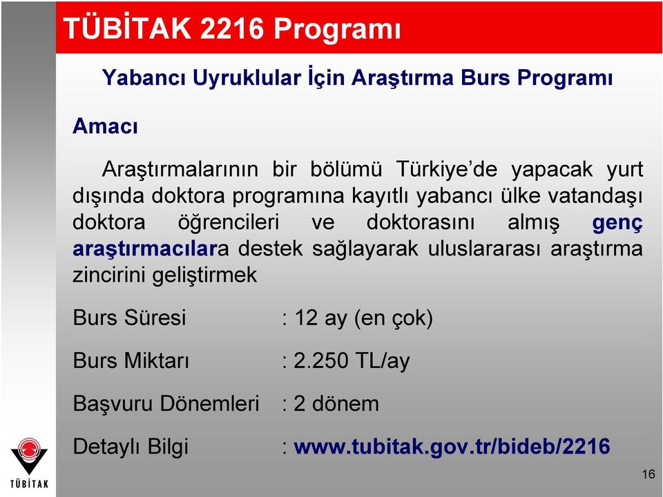 doktorasını almış genç araştırmacılara destek sağlayarak uluslararası araştırma zincirini geliştirmek Burs