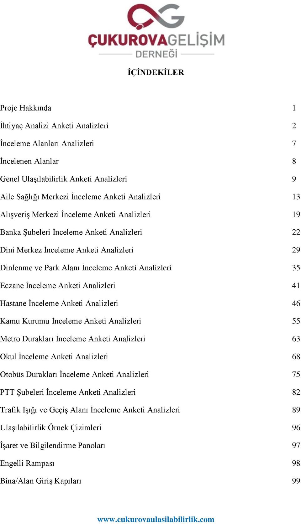 35 Eczane İnceleme Anketi Analizleri 41 Hastane İnceleme Anketi Analizleri 46 Kamu Kurumu İnceleme Anketi Analizleri 55 Metro Durakları İnceleme Anketi Analizleri 63 Okul İnceleme Anketi Analizleri