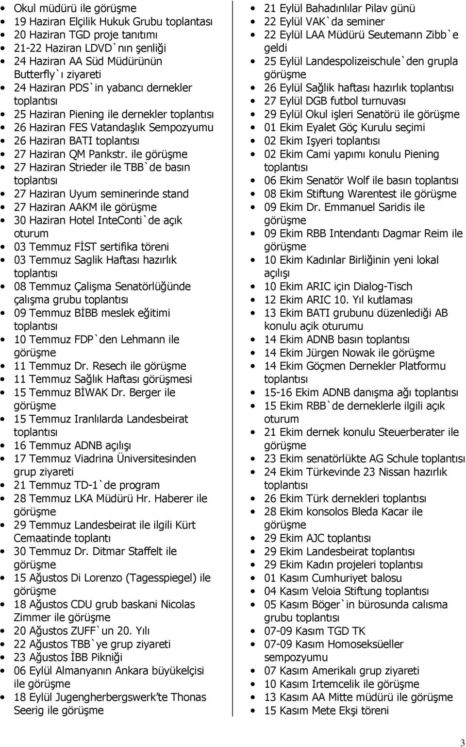 ile 27 Haziran Strieder ile TBB`de basın 27 Haziran Uyum seminerinde stand 27 Haziran AAKM ile 30 Haziran Hotel InteConti`de açık oturum 03 Temmuz FĐST sertifika töreni 03 Temmuz Saglik Haftası