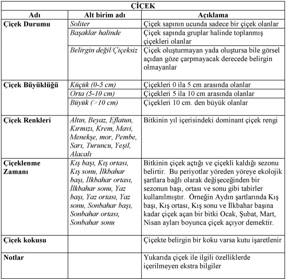 (>10 cm) Altın, Beyaz, Eflatun, Kırmızı, Krem, Mavi, Menekşe, mor, Pembe, Sarı, Turuncu, Yeşil, Alacalı Kış başı, Kış ortası, Kış sonu, Đlkbahar başı, Đlkbahar ortası, Đlkbahar sonu, Yaz başı, Yaz