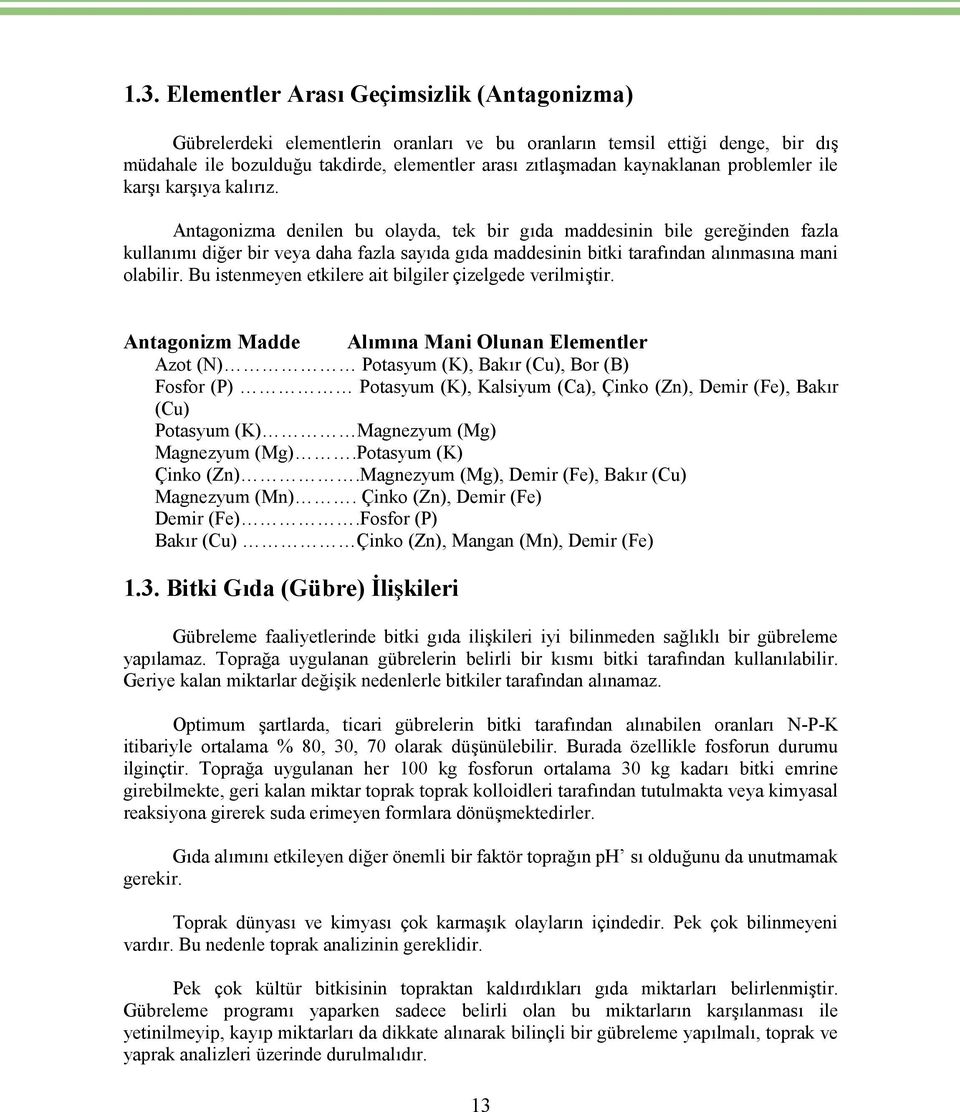 Antagonizma denilen bu olayda, tek bir gıda maddesinin bile gereğinden fazla kullanımı diğer bir veya daha fazla sayıda gıda maddesinin bitki tarafından alınmasına mani olabilir.