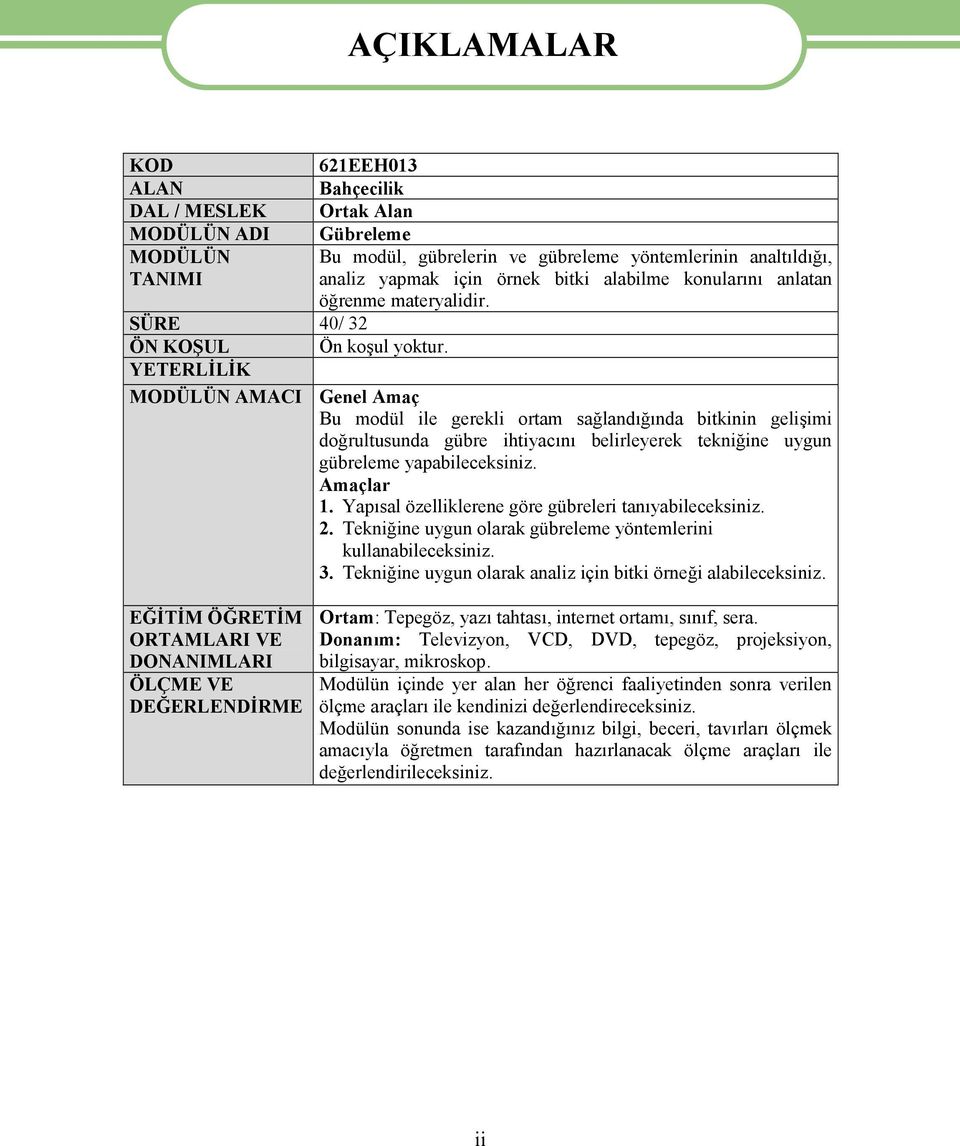 YETERLİLİK MODÜLÜN AMACI Genel Amaç Bu modül ile gerekli ortam sağlandığında bitkinin gelişimi doğrultusunda gübre ihtiyacını belirleyerek tekniğine uygun gübreleme yapabileceksiniz. Amaçlar 1.