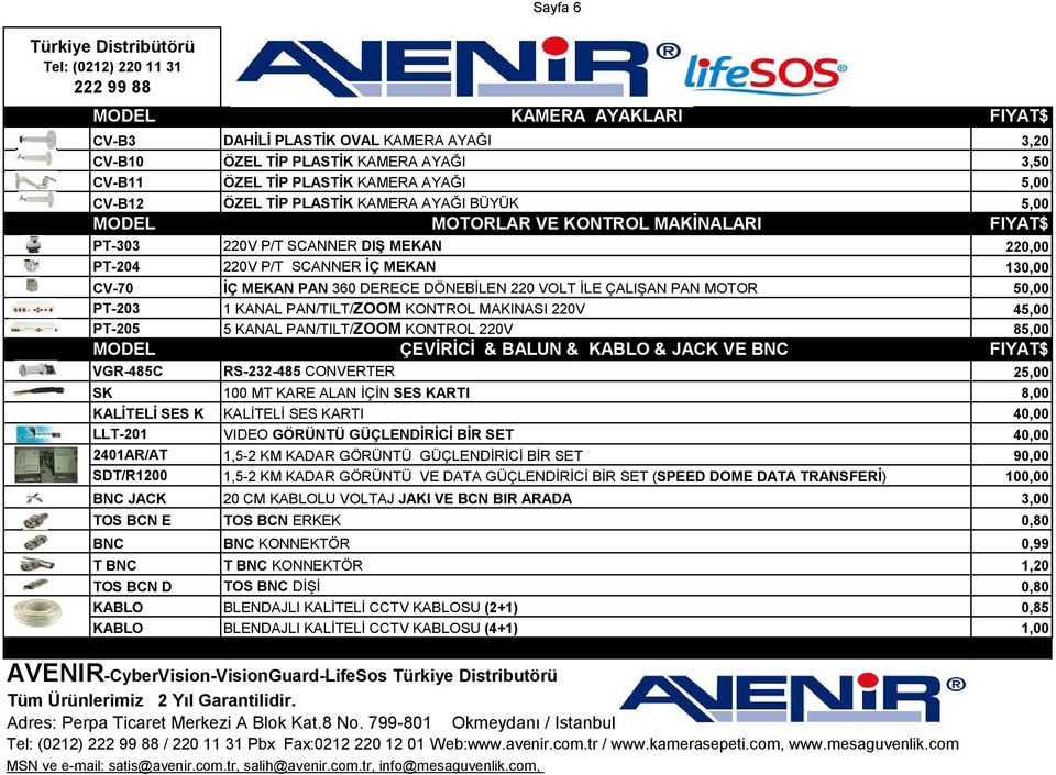 ÇALIŞAN PAN MOTOR 50,00 PT-203 1 KANAL PAN/TILT/ZOOM KONTROL MAKINASI 220V 45,00 PT-205 5 KANAL PAN/TILT/ZOOM KONTROL 220V 85,00 MODEL ÇEVİRİCİ & BALUN & KABLO & JACK VE BNC FIYAT$ VGR-485C