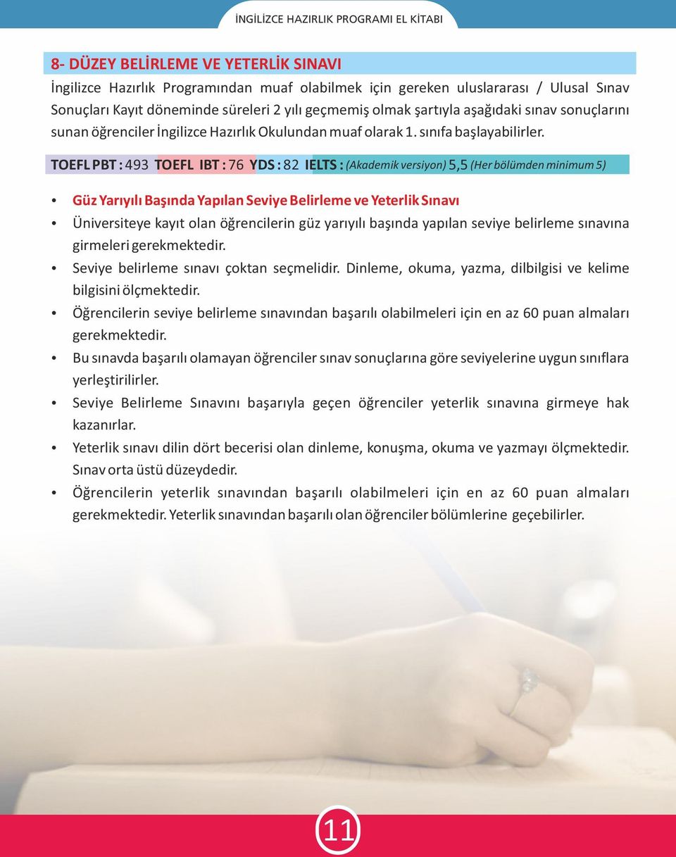 TOEFL PBT : 493 TOEFL IBT : 76 YDS : 82 IELTS : (Akademik versiyon) 5,5 (Her bölümden minimum 5) Güz Yarıyılı Başında Yapılan Seviye Belirleme ve Yeterlik Sınavı Üniversiteye kayıt olan öğrencilerin