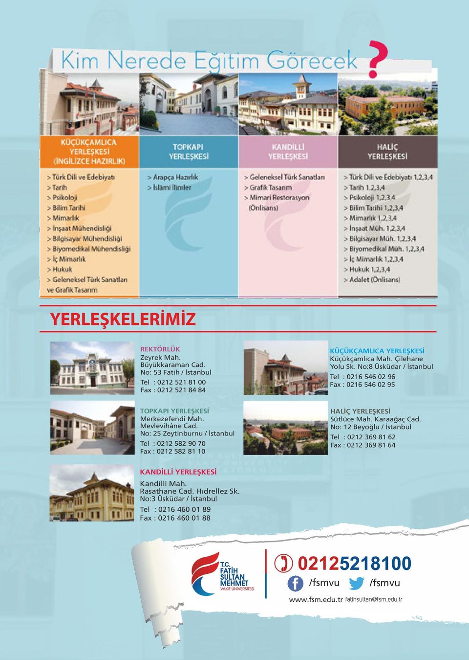 No:8 Üsküdar / İstanbul Tel : 0216 546 02 96 Fax : 0216 546 02 95 TOPKAPI YERLEŞKESİ Merkezefendi Mah. Mevlevihâne Cad.