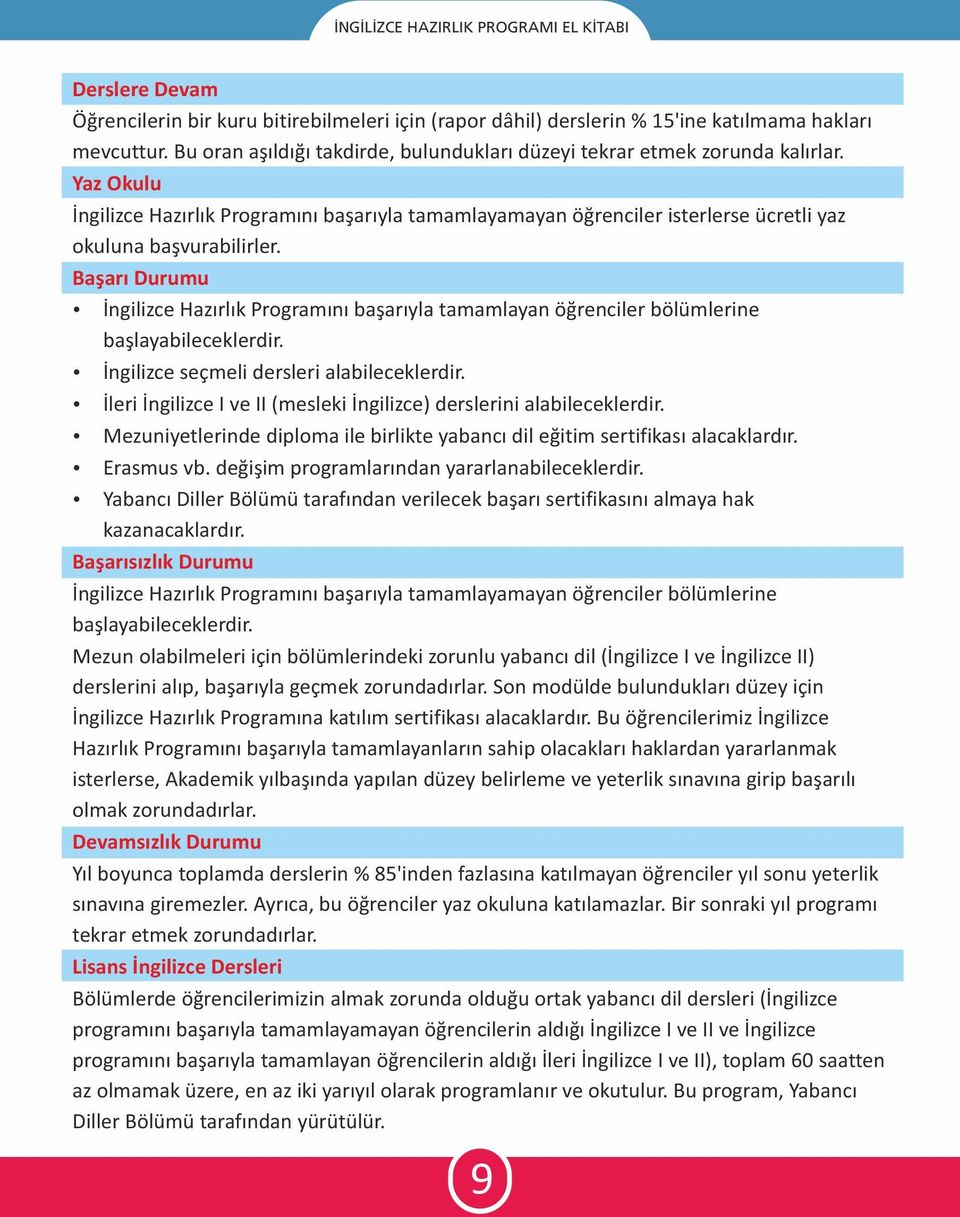 Başarı Durumu İngilizce Hazırlık Programını başarıyla tamamlayan öğrenciler bölümlerine başlayabileceklerdir. İngilizce seçmeli dersleri alabileceklerdir.