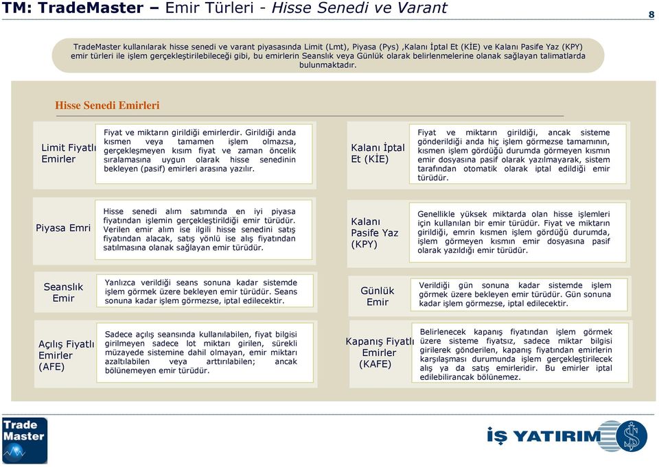 Hisse Senedi Emirleri Limit Fiyatlı Emirler Fiyat ve miktarın girildiği emirlerdir.