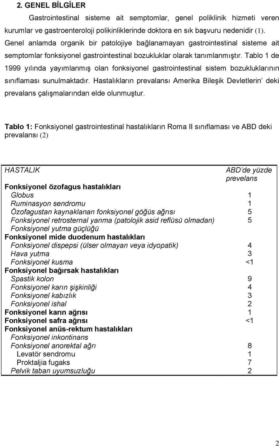 Tablo 1 de 1999 yılında yayımlanmış olan fonksiyonel gastrointestinal sistem bozukluklarının sınıflaması sunulmaktadır.