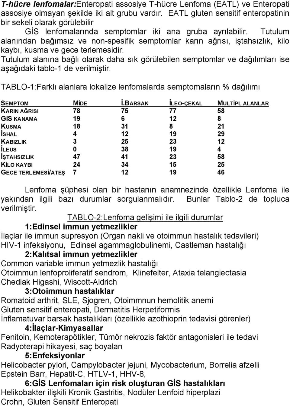 Tutulum alanından bağımsız ve non-spesifik semptomlar karın ağrısı, iştahsızlık, kilo kaybı, kusma ve gece terlemesidir.