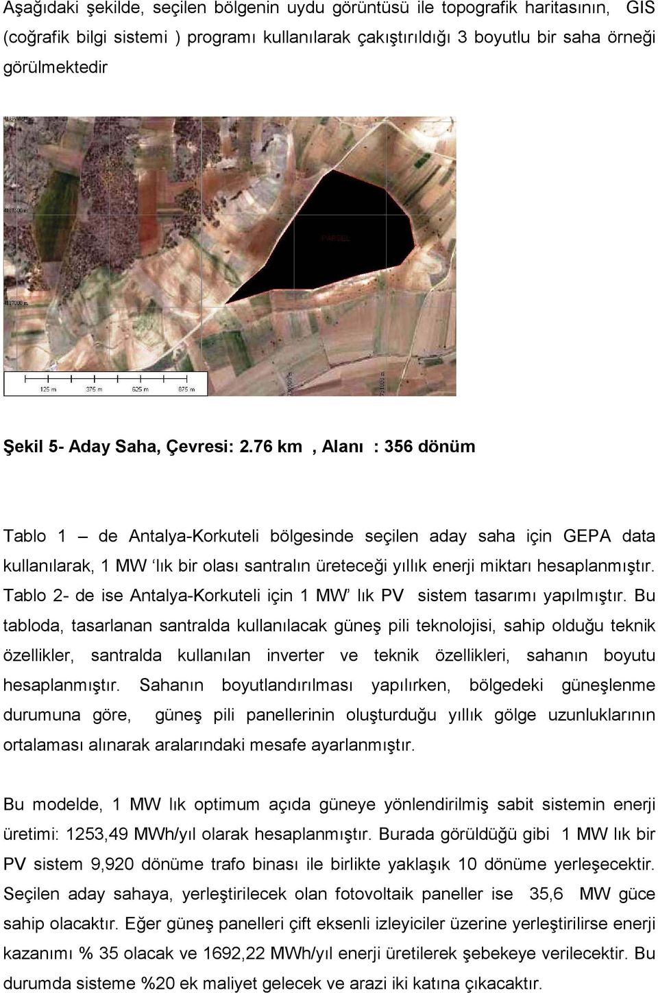 76 km, Alanı : 356 dönüm Tablo 1 de Antalya-Korkuteli bölgesinde seçilen aday saha için GEPA data kullanılarak, 1 MW lık bir olası santralın üreteceği yıllık enerji miktarı hesaplanmıştır.