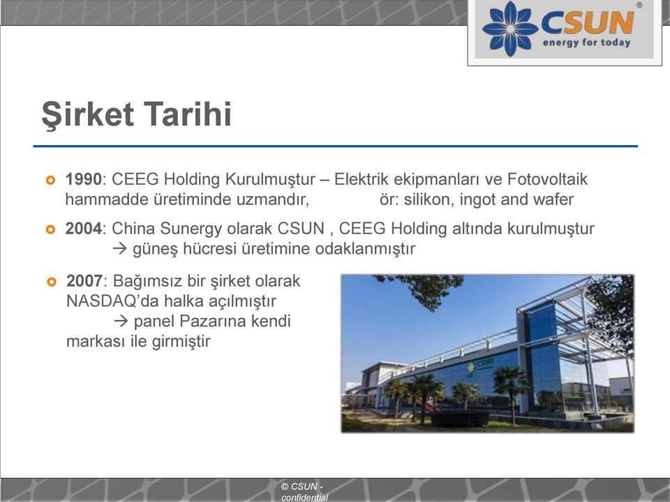 CSUN, CEEG Holding altında kurulmuştur güneş hücresi üretimine odaklanmıştır 2007:
