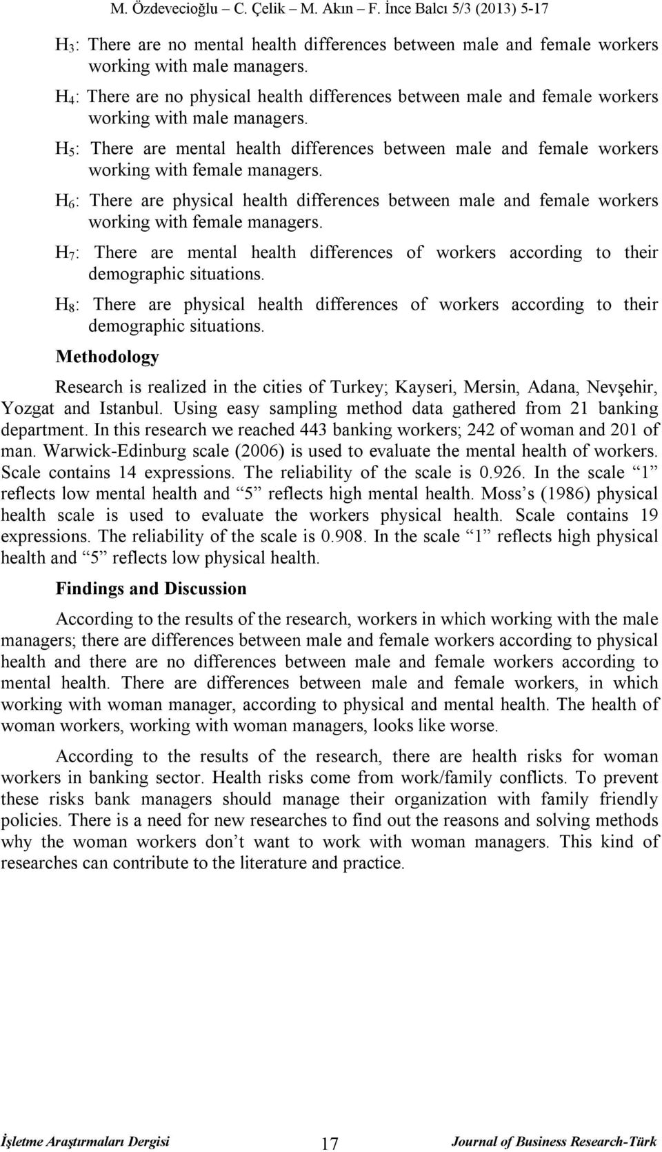 H 5 : There are mental health differences between male and female workers working with female managers.