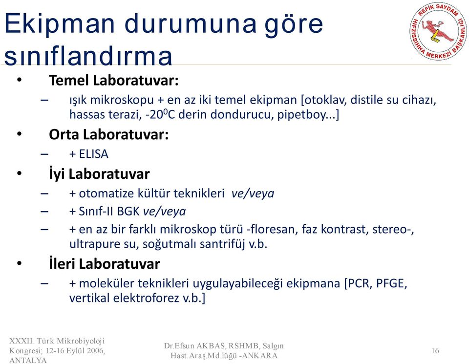 ..] Orta Laboratuvar: + ELISA İyi Laboratuvar + otomatize kültür teknikleri ve/veya + Sınıf II BGK ve/veya + en az bir farklı mikroskop türü floresan,