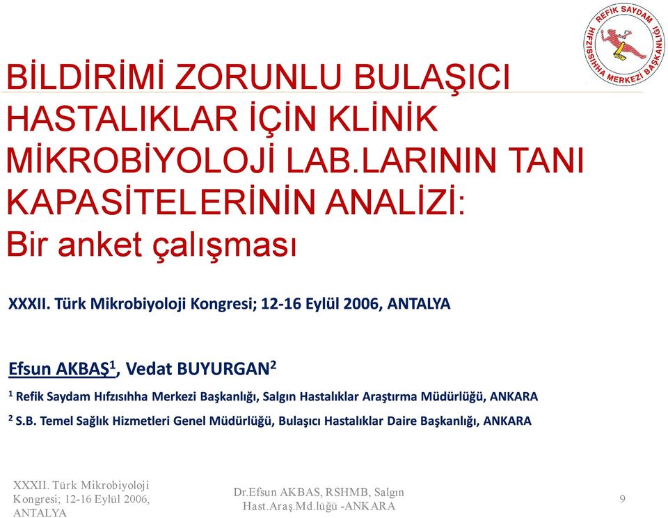 Türk Mikrobiyoloji Kongresi; 12 16 Eylül 2006, ANTALYA Efsun AKBAŞ 1, Vedat BUYURGAN 2 1 Refik Saydam Hıfzısıhha Merkezi