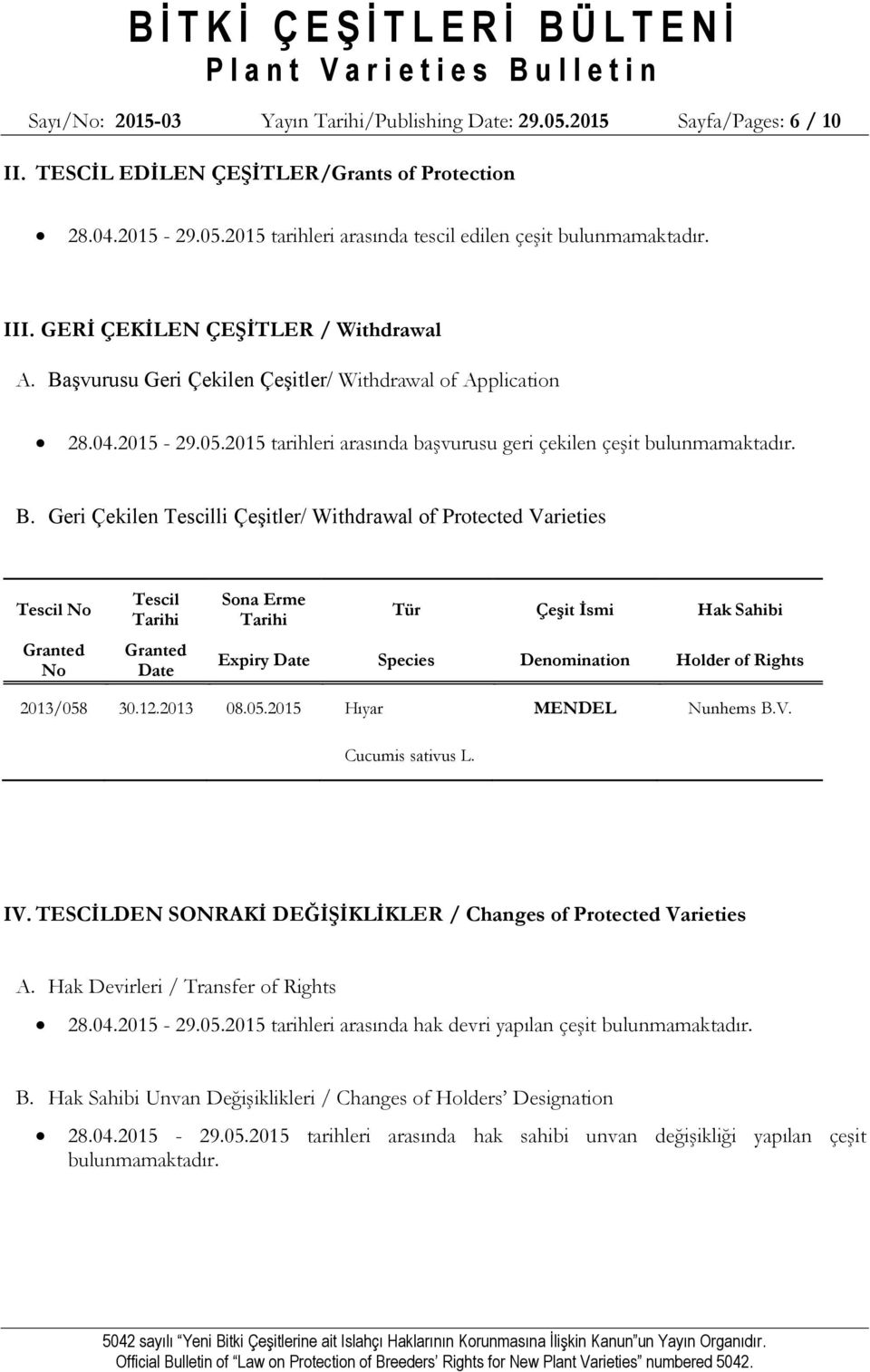 şvurusu Geri Çekilen Çeşitler/ Withdrawal of Application 28.04.2015-29.05.2015 tarihleri arasında başvurusu geri çekilen çeşit bulunmamaktadır. B.